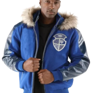 Pelle Pelle Fur Hooded Blue Leather Jacket